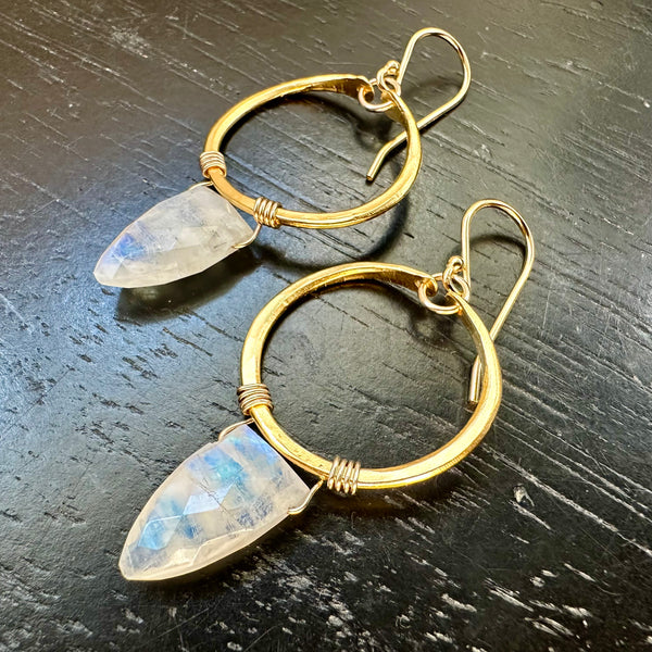 Moonstone Faceted Spear Briolettes, Tiny 24K GOLD Hoops