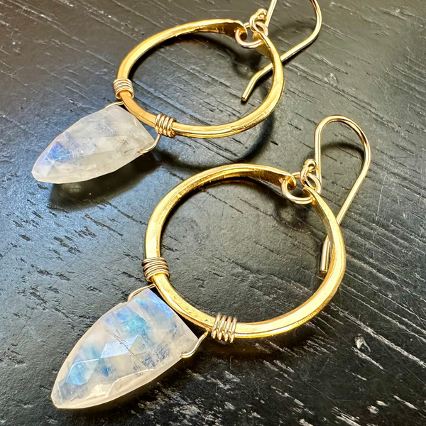 Moonstone Faceted Spear Briolettes, Tiny 24K GOLD Hoops