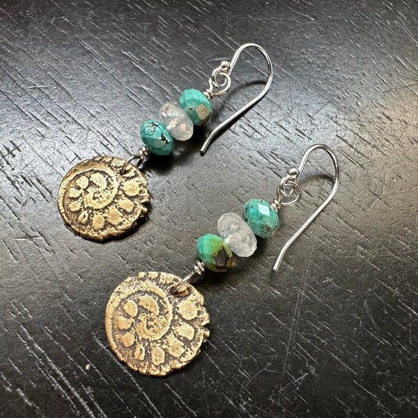 Brass Spiral Earrings with Turquoise and Moonstone