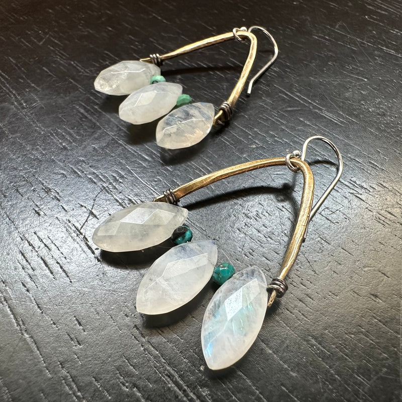 Brass Moonstone and Turquoise Cluster Earrings