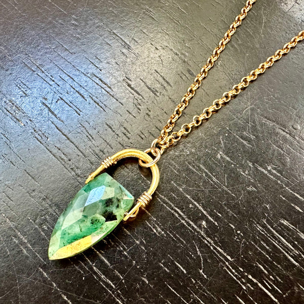 Emerald Faceted Spear Briolette Taliswoman, 24K GOLD NECKLACE