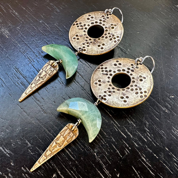 NEW! Brass Nomad Earrings with EMERALD Faceted Crescent Moons!