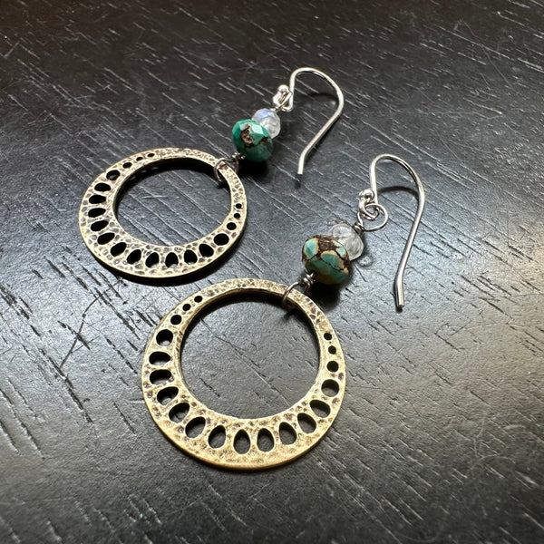 Tiny Brass Lotus Root Earrings with Turquoise and Moonstone