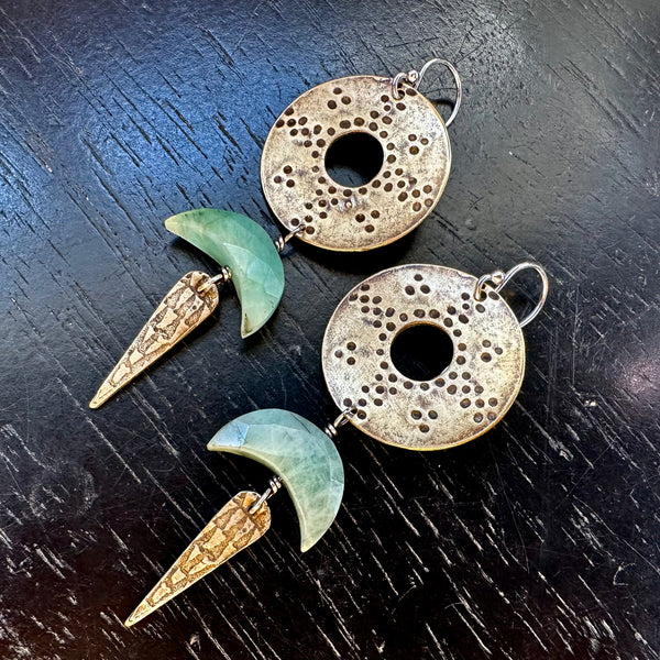 NEW! Brass Nomad Earrings with EMERALD Faceted Crescent Moons!