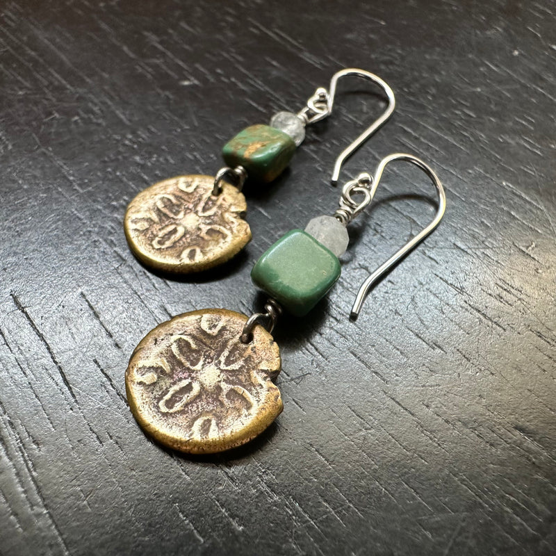 Brass Sand Dollar Earrings with Turquoise and Moonstone