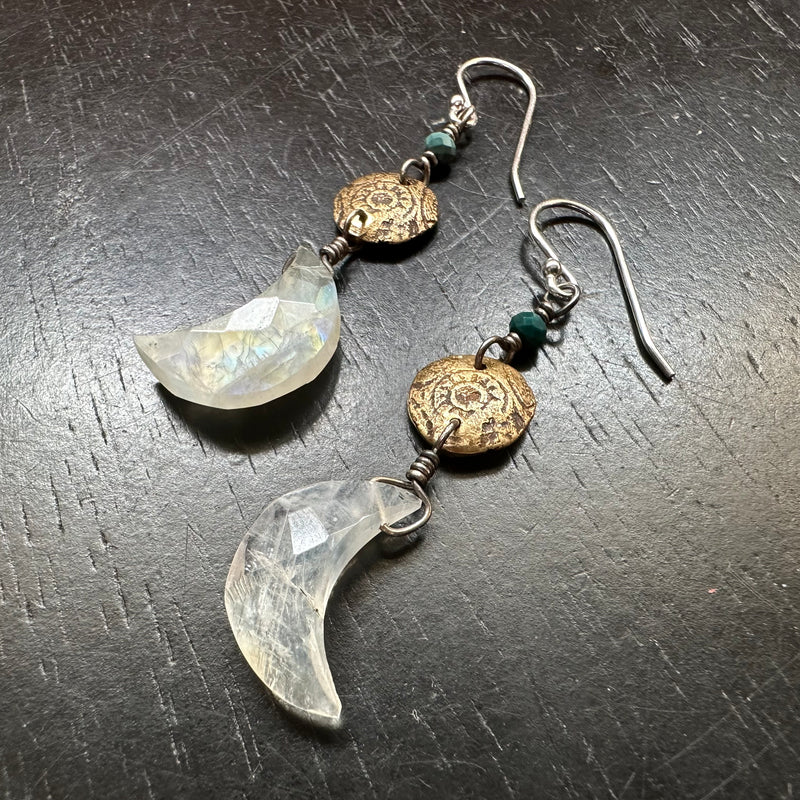 Ancient Sun Earrings with Turquoise and Moonstone Moon