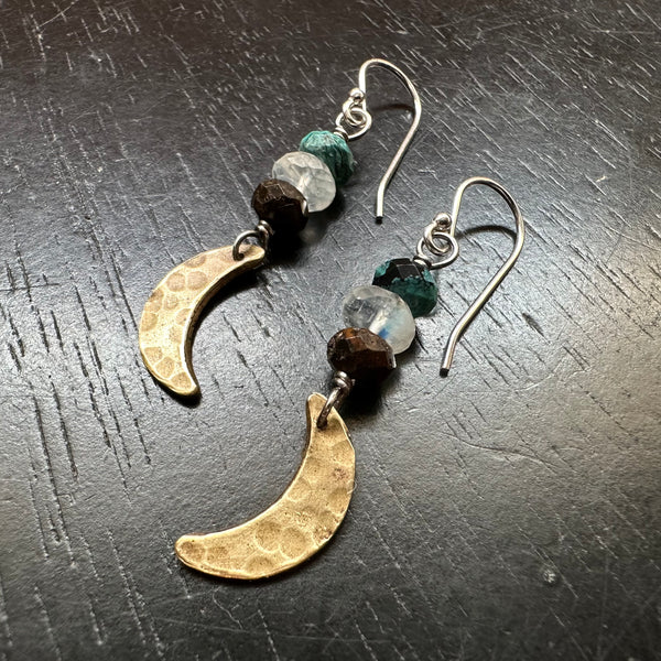 TINY Brass Moon Earrings with Turquoise and Moonstone