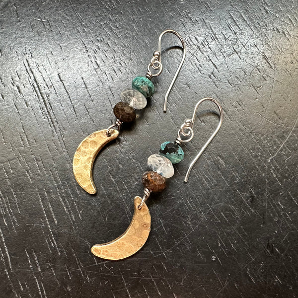 TINY Brass Moon Earrings with Turquoise and Moonstone