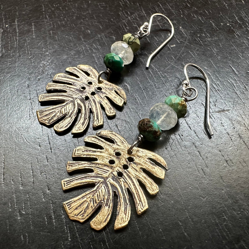 Brass Monstera Leaf Earrings with Turquoise and Moonstone