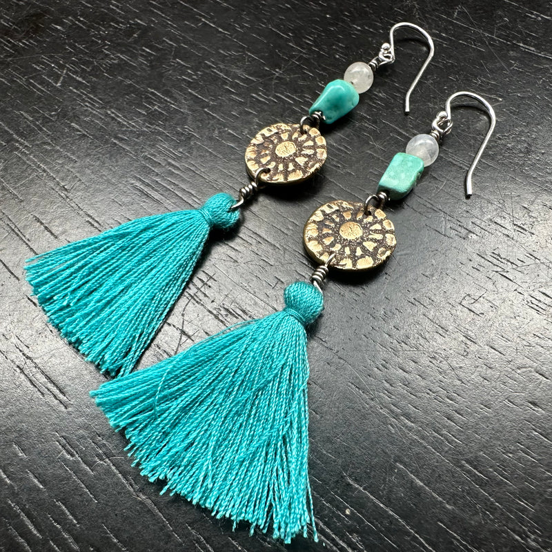 Floral Tassle Earrings with Turquoise and Moonstone