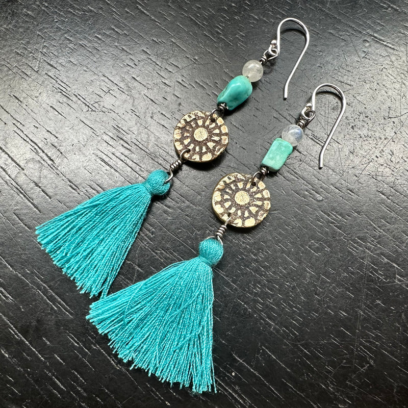 Floral Tassle Earrings with Turquoise and Moonstone