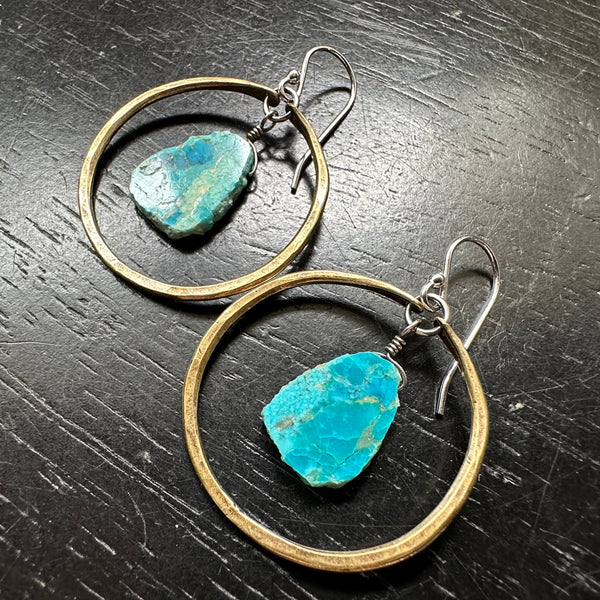 SMALL BRASS HOOPS with TURQUOISE SLICES (DECEMBER BIRTHSTONE) SUPER TEAL!