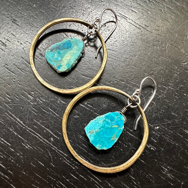 SMALL BRASS HOOPS with TURQUOISE SLICES (DECEMBER BIRTHSTONE) SUPER TEAL!