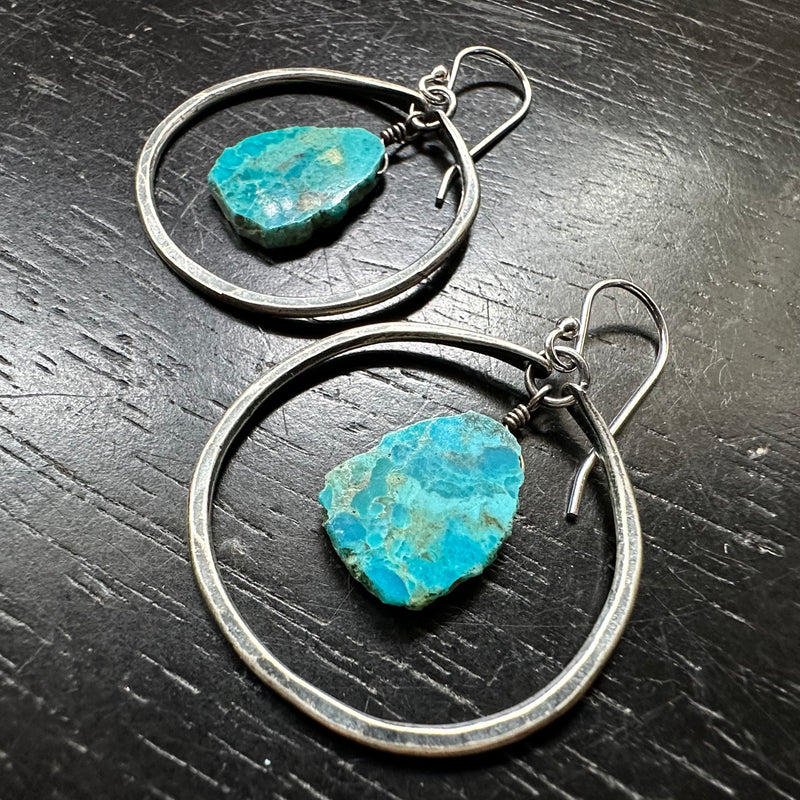 Small Silver Hoops with Turquoise Slices (DECEMBER BIRTHSTONE)
