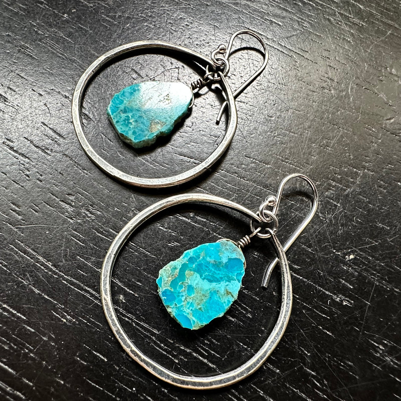 Small Silver Hoops with Turquoise Slices (DECEMBER BIRTHSTONE)