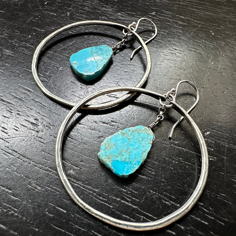 Medium Silver Hoops with Turquoise Slices (DECEMBER BIRTHSTONE)