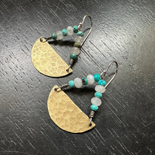 Brass Half Moon Earrings with Turquoise and Moonstone