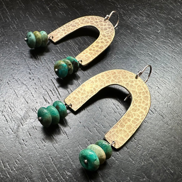 Brass Arch Earrings with Turquoise Rondelles