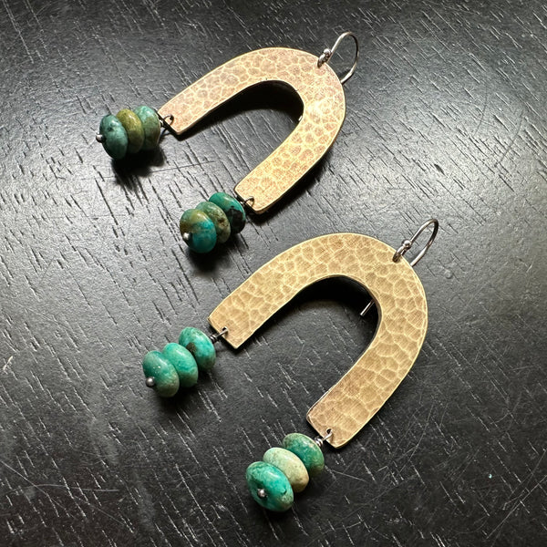 Brass Arch Earrings with Turquoise Rondelles