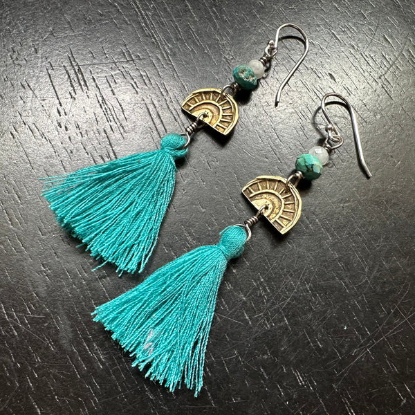 Sunbow Tassel Earrings with Turquoise and Moonstone