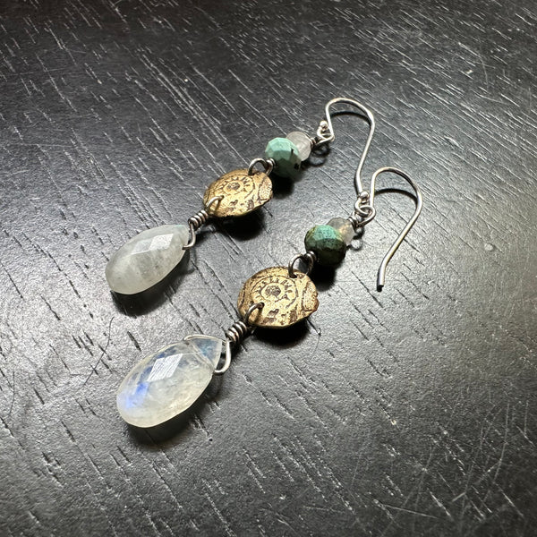 Ancient Sun Earrings with Turquoise and Teardrop Moonstone