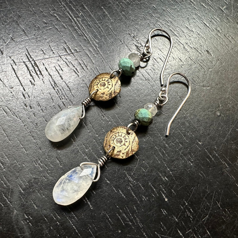 Ancient Sun Earrings with Turquoise and Teardrop Moonstone