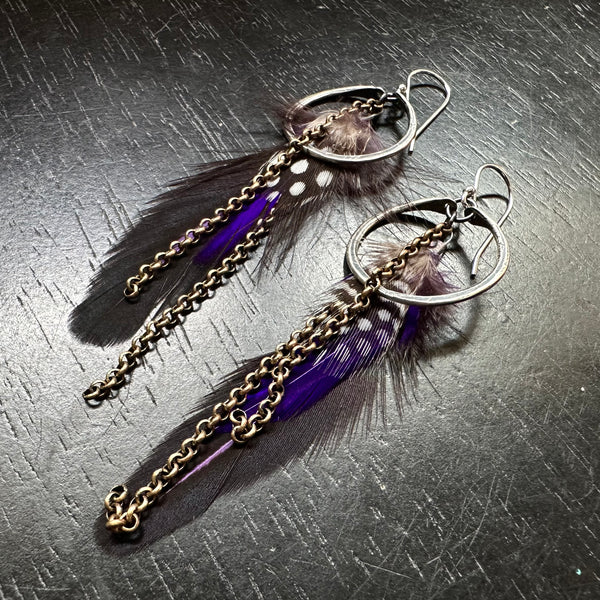 Purple and Polka Dot Feather Earrings with Tiny Brass Hoops