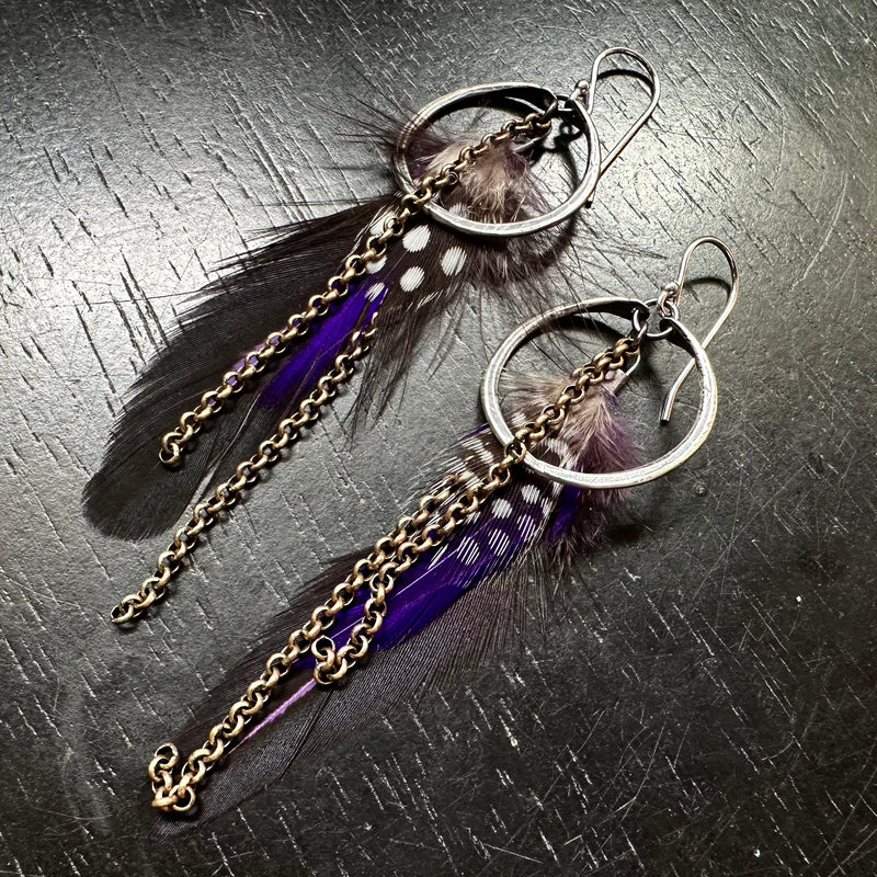 Purple and Polka Dot Feather Earrings with Tiny Brass Hoops