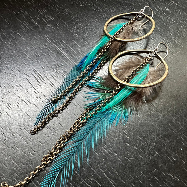 Teal Feather Earrings with Small Brass Hoops