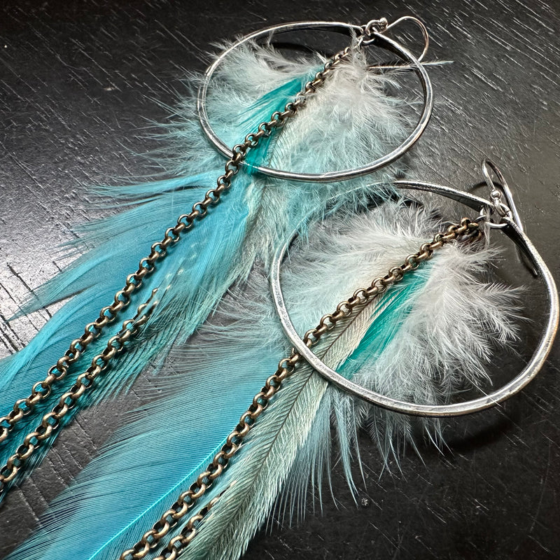 Teal Feather Earrings with Medium Silver Hoops