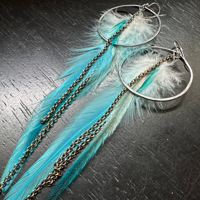 Teal Feather Earrings with Medium Silver Hoops