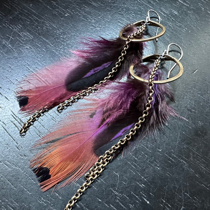 Magenta Feather Earrings with Tiny Brass Hoops