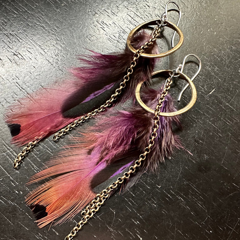 Magenta Feather Earrings with Tiny Brass Hoops