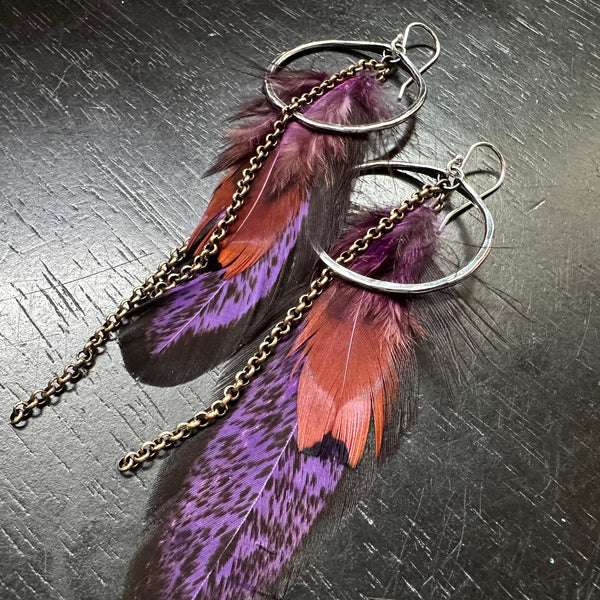 Deep Purple Feather Earrings with Small Silver Hoops