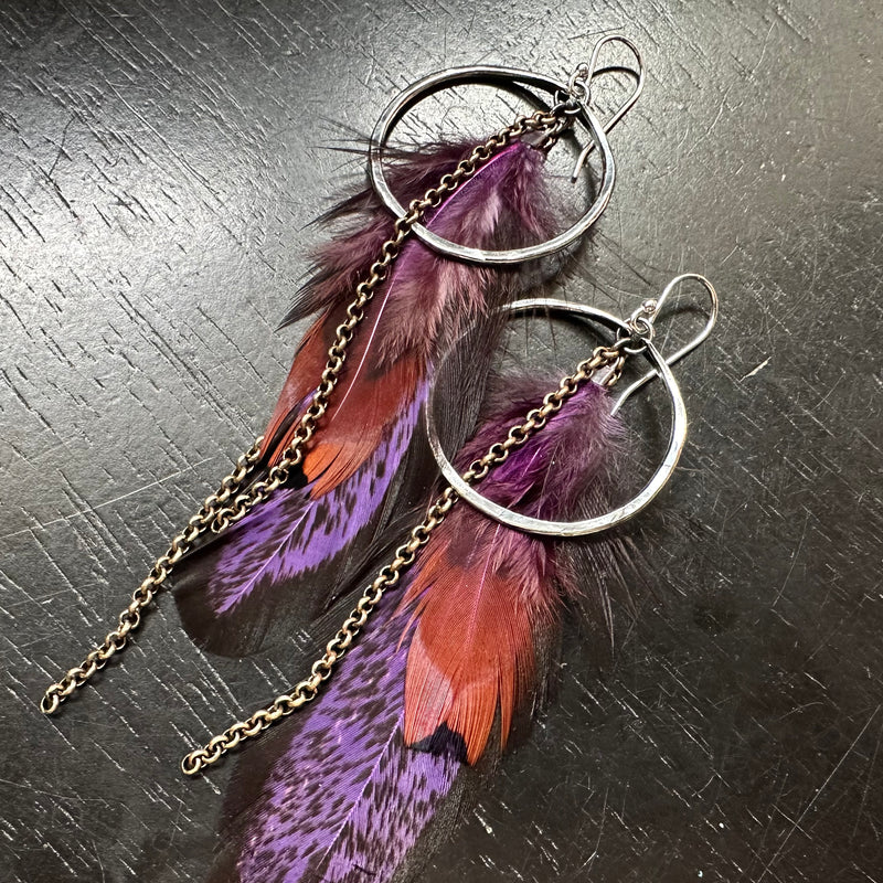 Deep Purple Feather Earrings with Small Silver Hoops