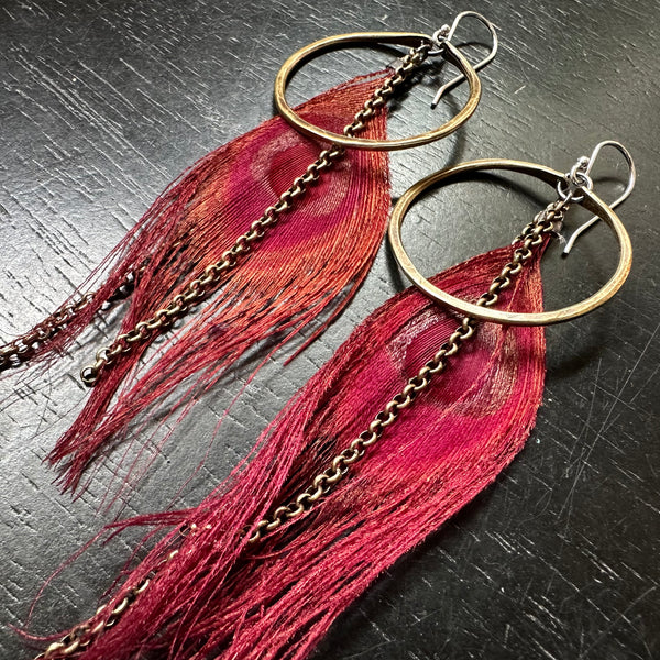 Red Hera Feather Earrings with Small Brass Hoops