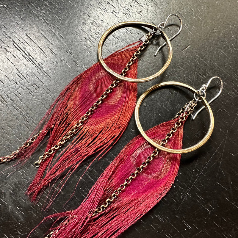 Red Hera Feather Earrings with Small Brass Hoops