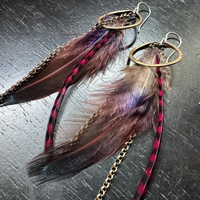 Brown Feather Earrings with Tiny Brass Hoops