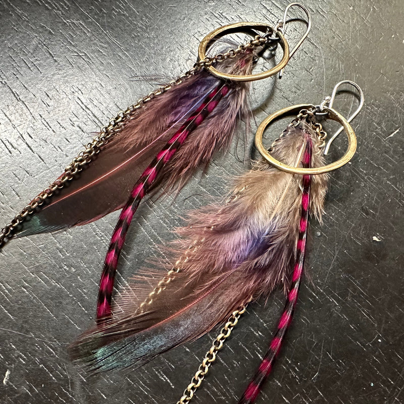 Brown Feather Earrings with Tiny Brass Hoops