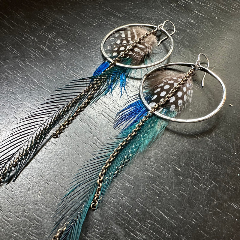 Teal and Polka Dot Feather Earrings with Medium Silver Hoops