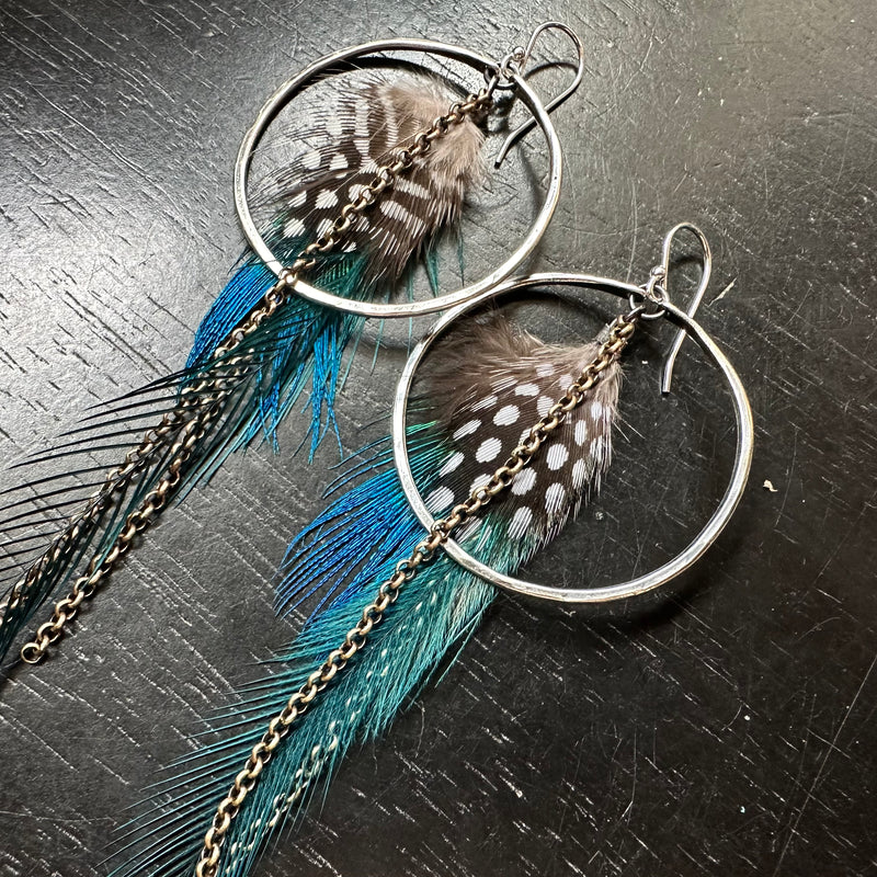 Teal and Polka Dot Feather Earrings with Medium Silver Hoops