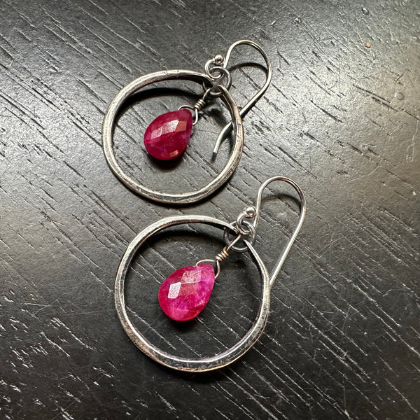 NEW RUBY Faceted TEARDROP Tiny SILVER Hoops