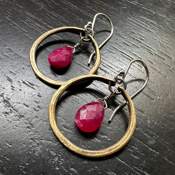 NEW RUBY Faceted TEARDROP Tiny Brass Hoops