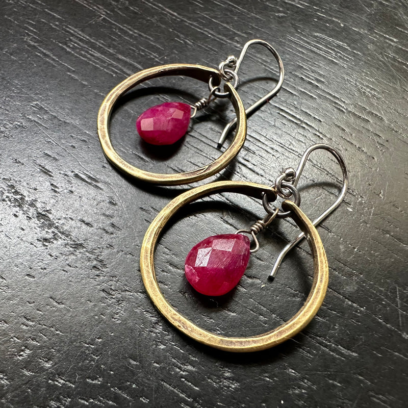 NEW RUBY Faceted TEARDROP Tiny Brass Hoops