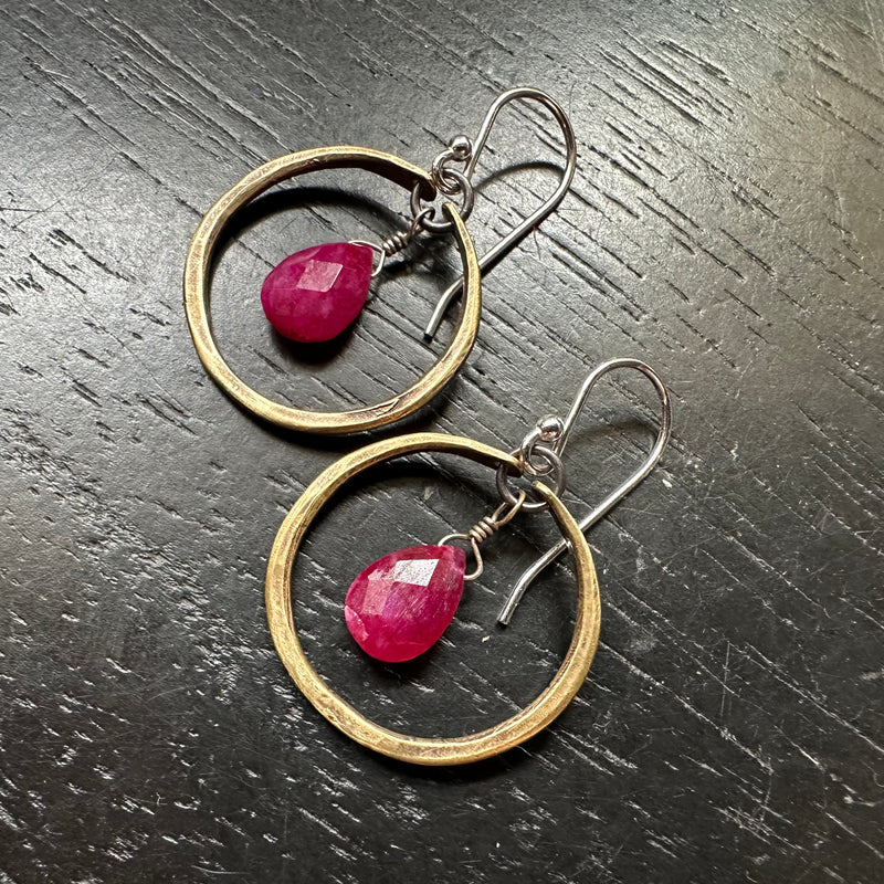 NEW RUBY Faceted TEARDROP Tiny Brass Hoops