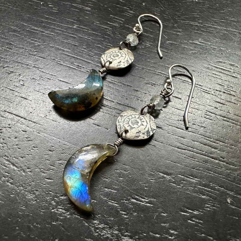 Silver Labradorite Moon Earrings