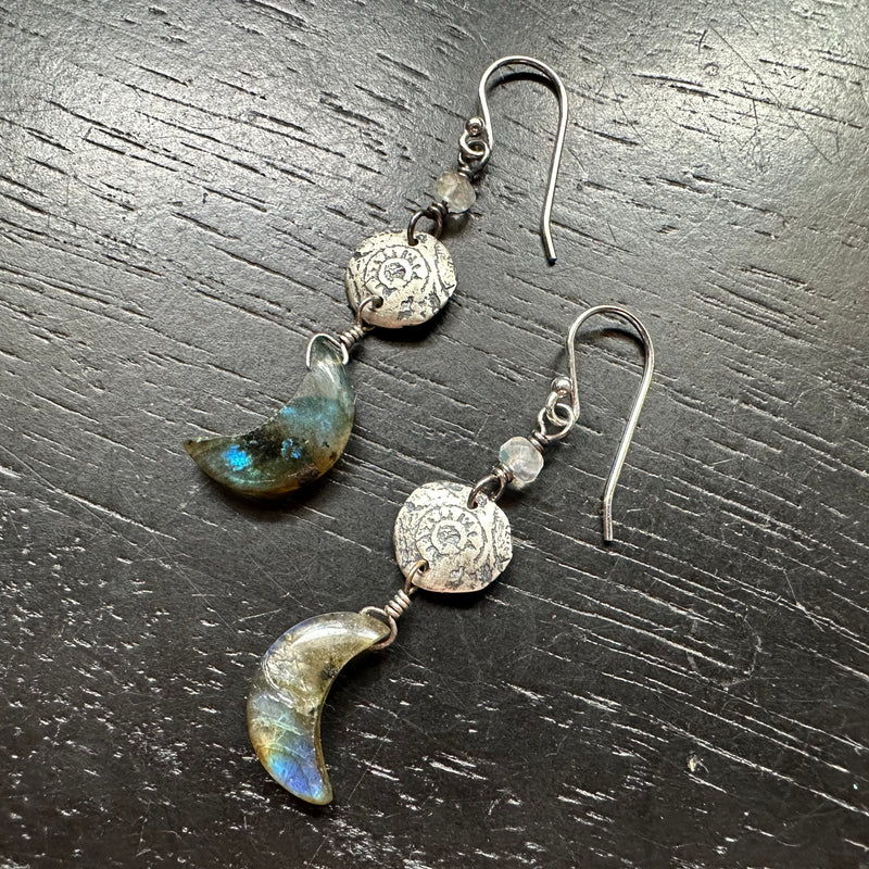 Silver Labradorite Moon Earrings