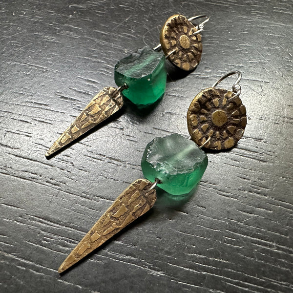 Brass Floral and Spear Earrings with Roman Glass