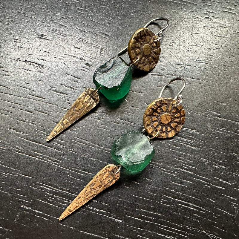 Brass Floral and Spear Earrings with Roman Glass