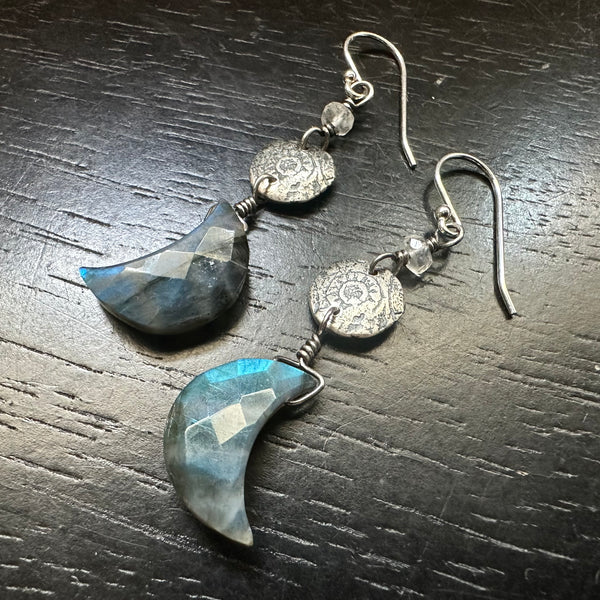 FACETED Labradorite Moon Silver Earrings